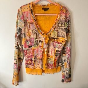 Faces Simon Chang Multicolor Art-to-wear Top Blouse Long sleeve V-neck Sz L/XL